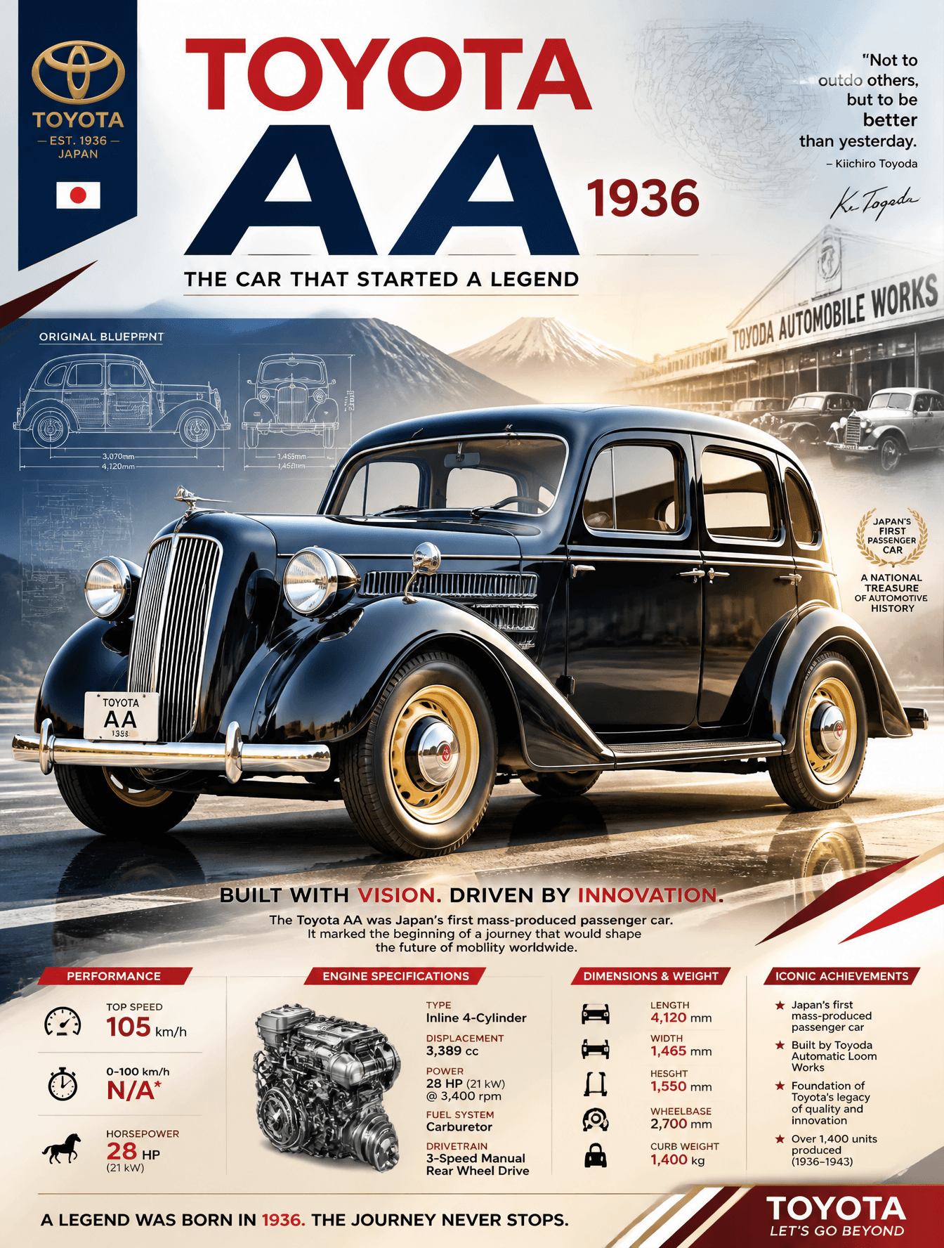 Create an epic premium automotive poster of [TOYOTA AA(1936)