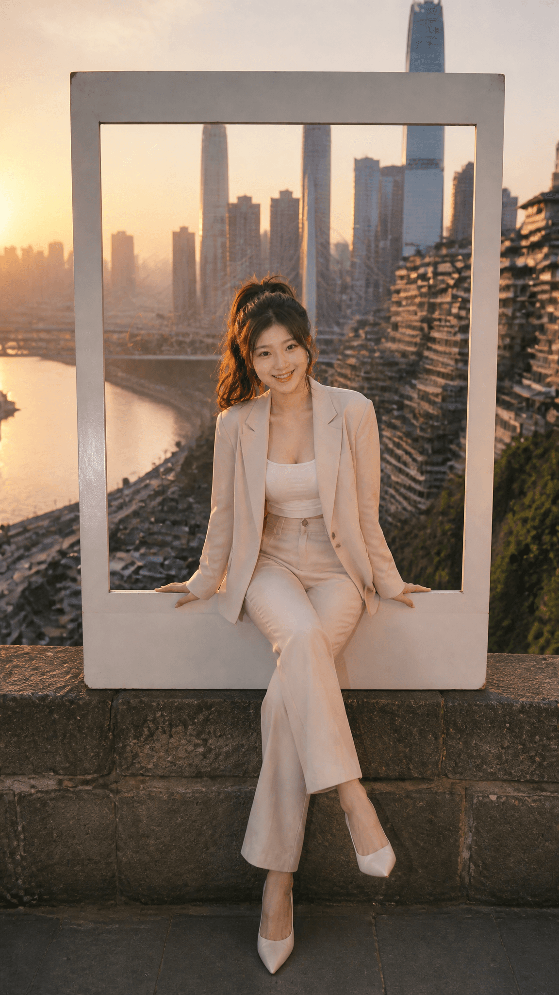 Portrait of a young 18-year-old Asian woman, 176cm tall, fea