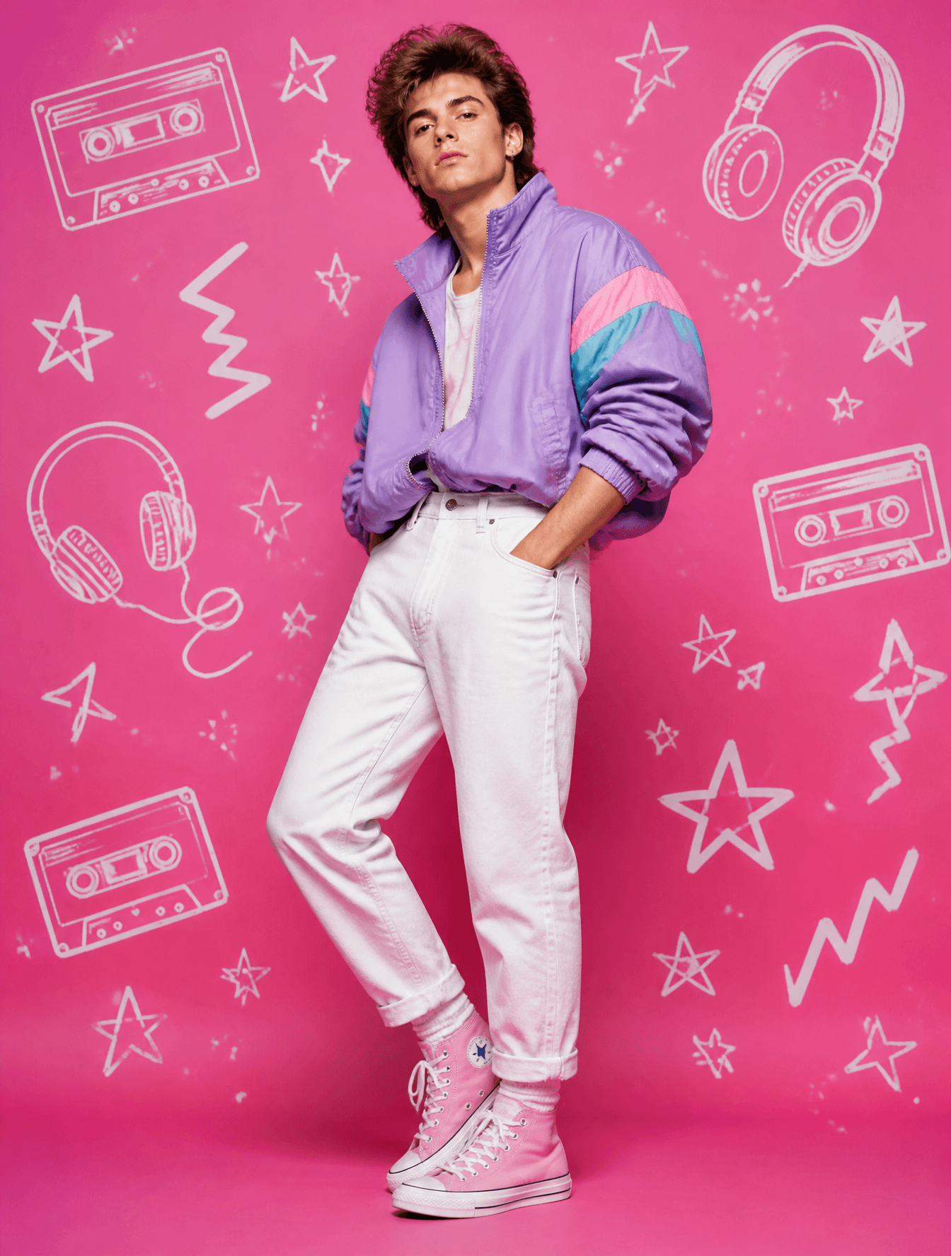 80s Retro PopA young man in a pastel purple windbreaker, whi