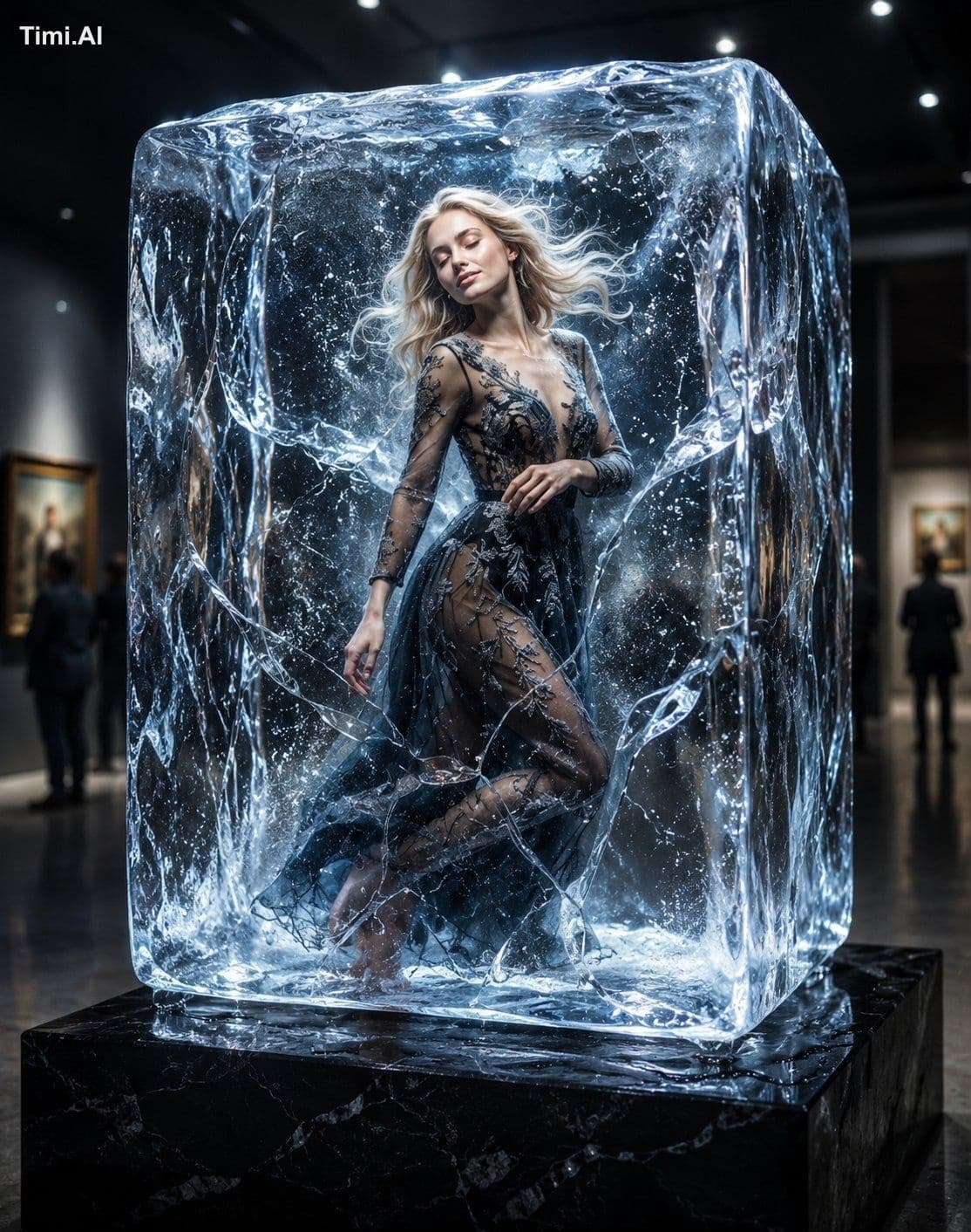 An impossibly beautiful Scandinavian woman frozen inside a g