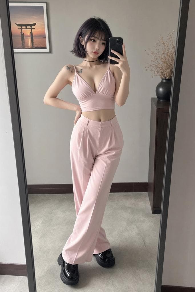 A full-body mirror selfie of a young East Asian woman with a