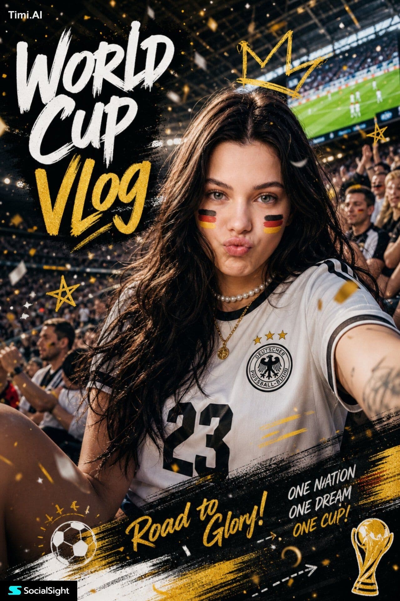 Ultra-realistic sports fan portrait poster, beautiful young 