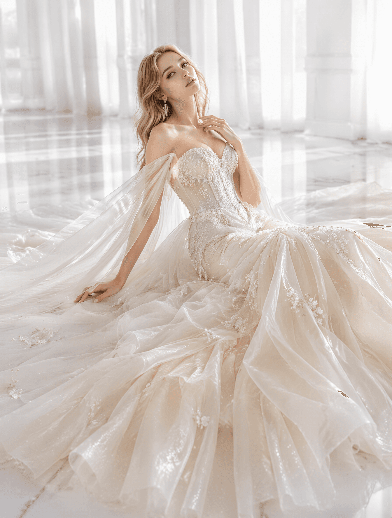 Expressive blue eyesDress Design: Custom ivory-and-pearl cou
