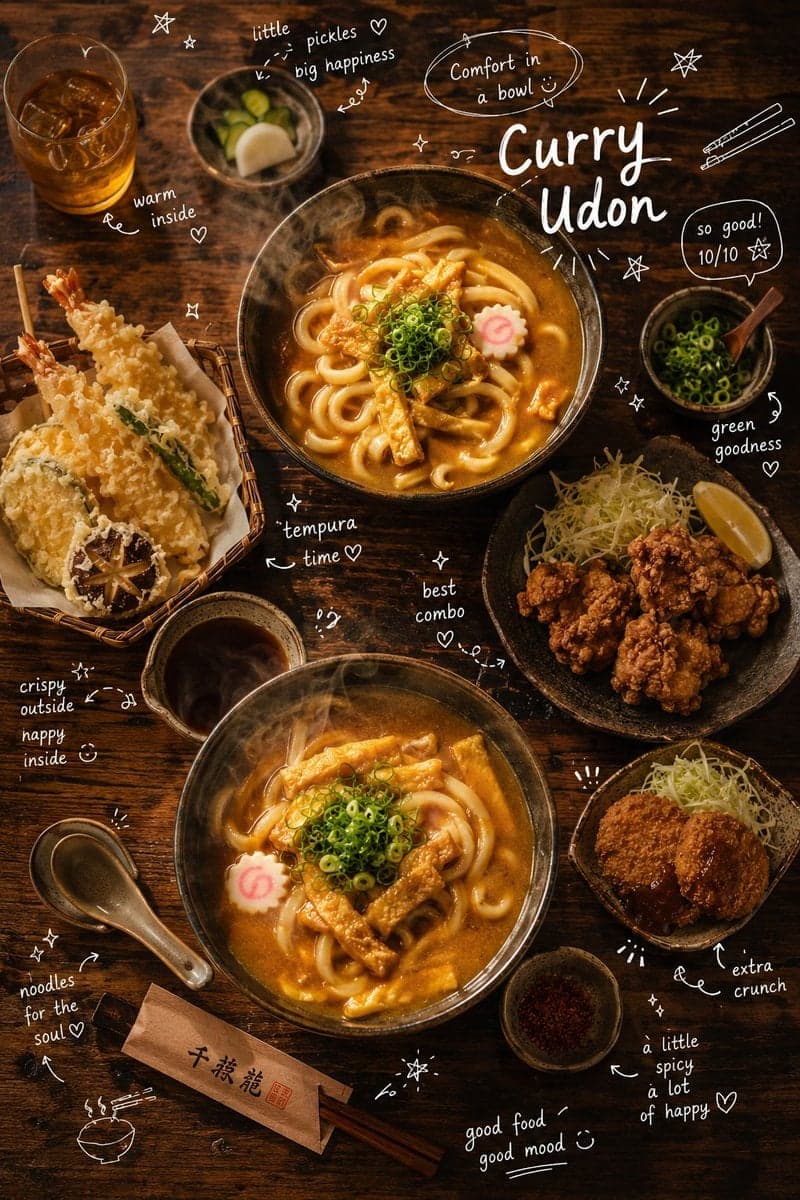 Overhead cinematic food photography of a comforting Japanese
