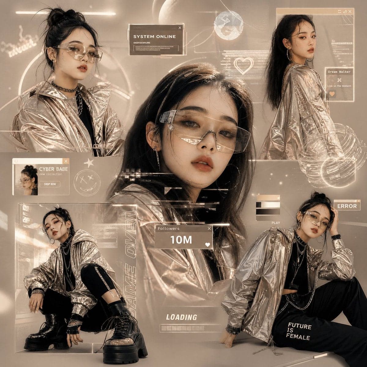 Create a futuristic Gen-Z fashion collage inspired by digita