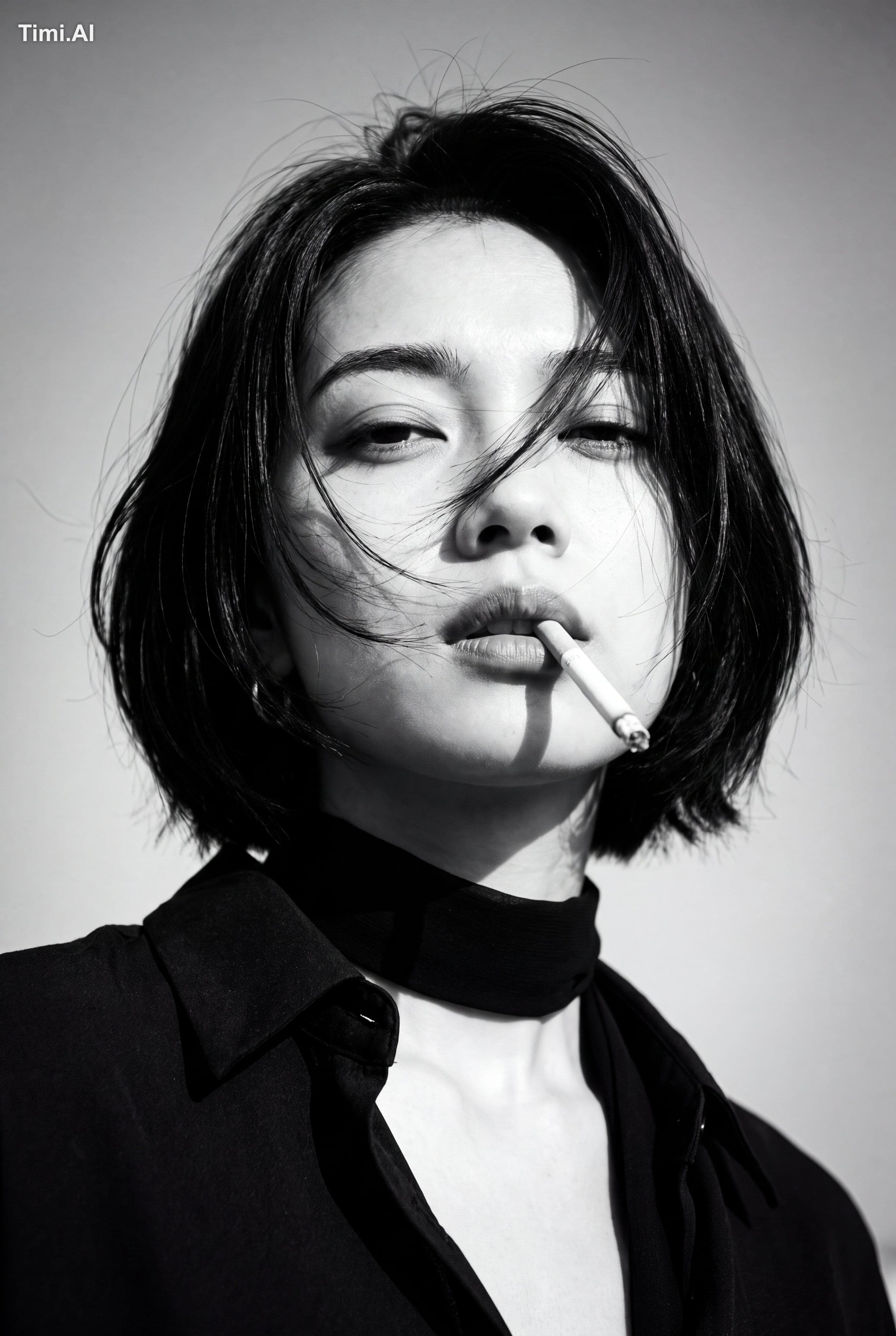 Create a 1970s black-and-white close-up portrait in a windsw