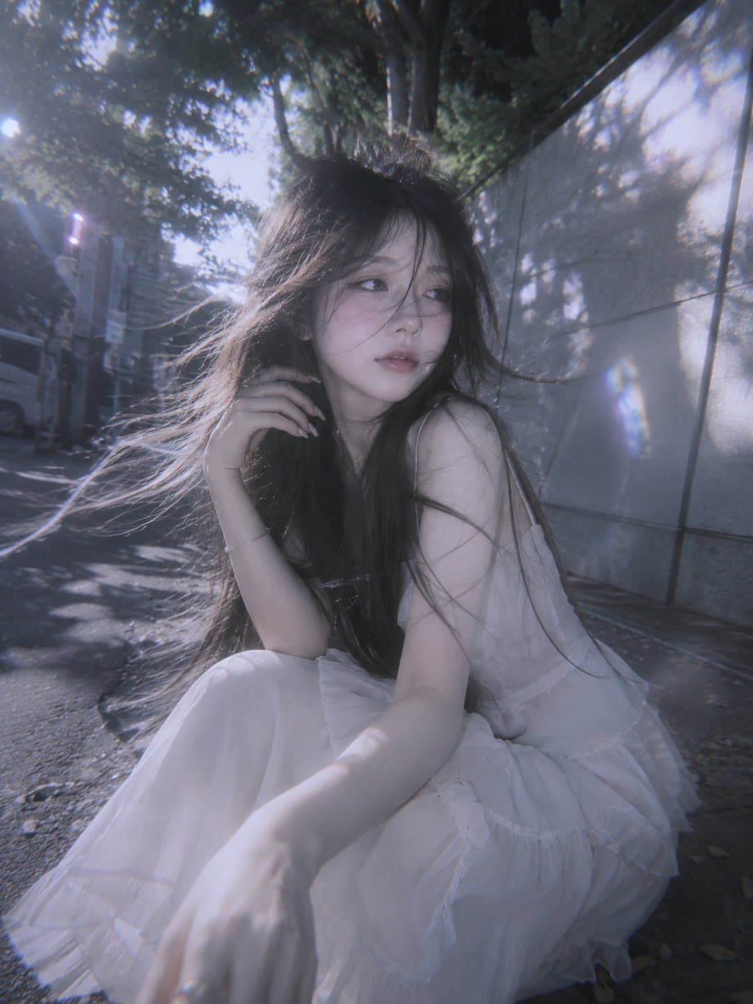 A surreal doll-like young woman with waist-length flowing ha