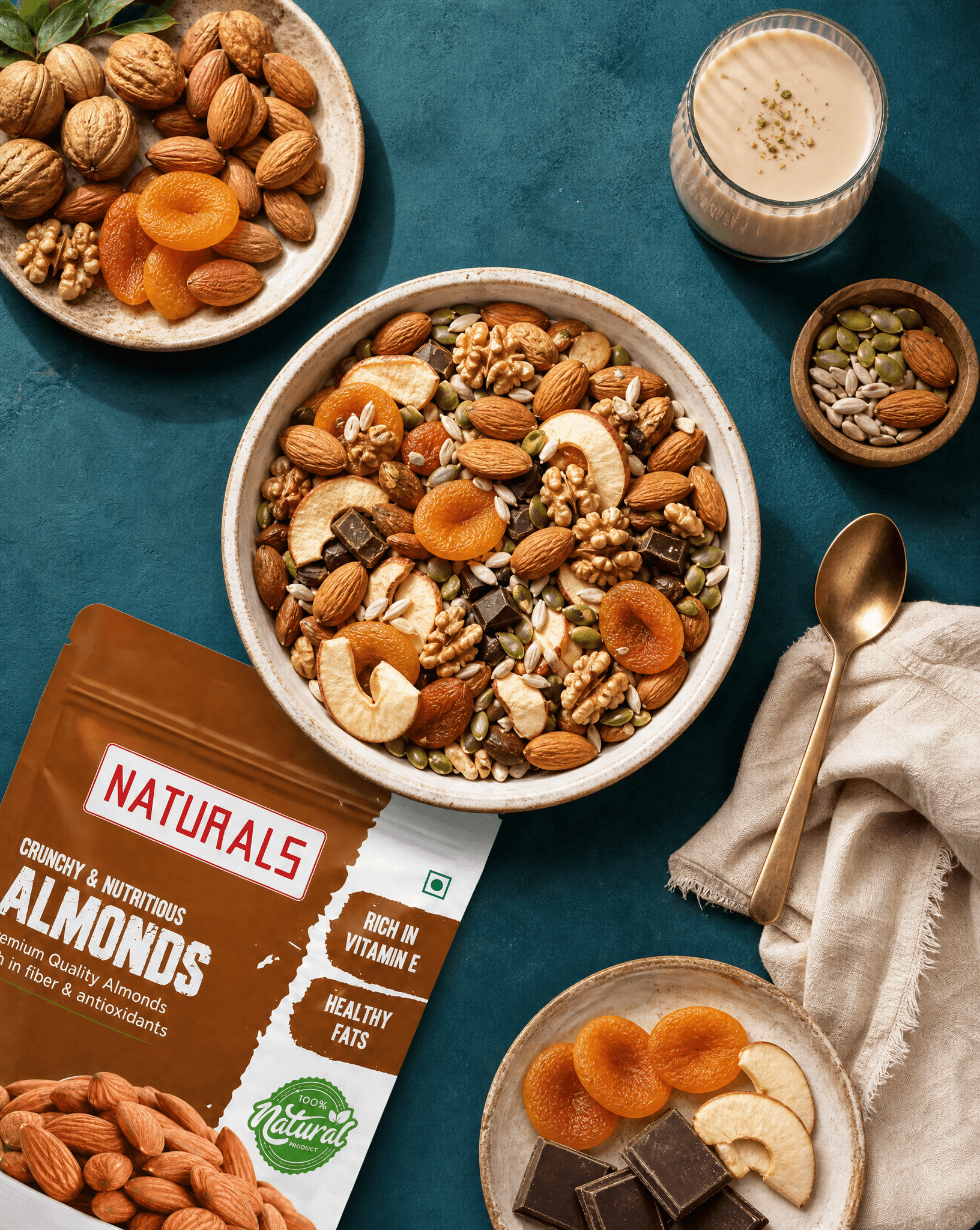 Create a premium top-down dry fruits and gifting product pho