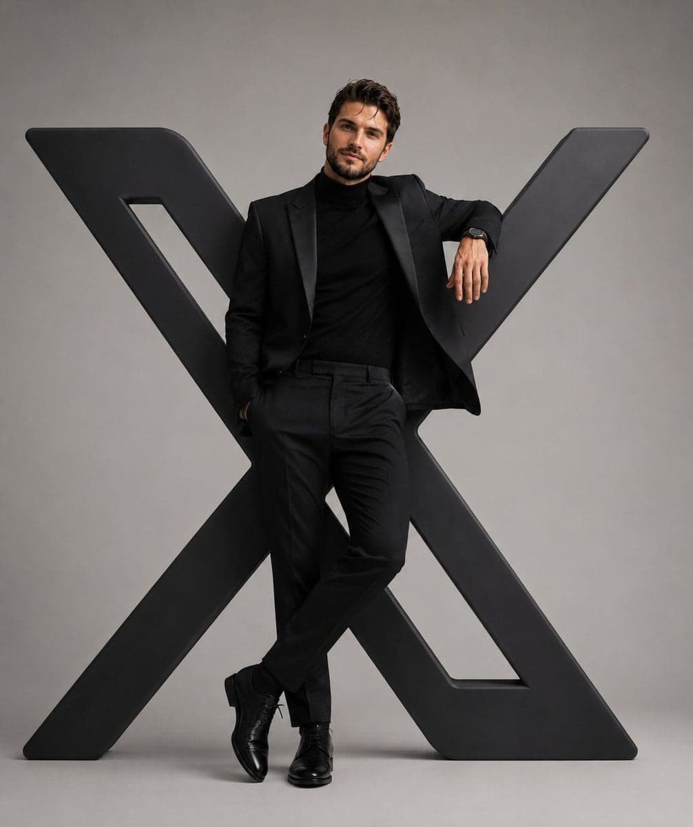 A hyper-realistic editorial photograph of a stylish man conf