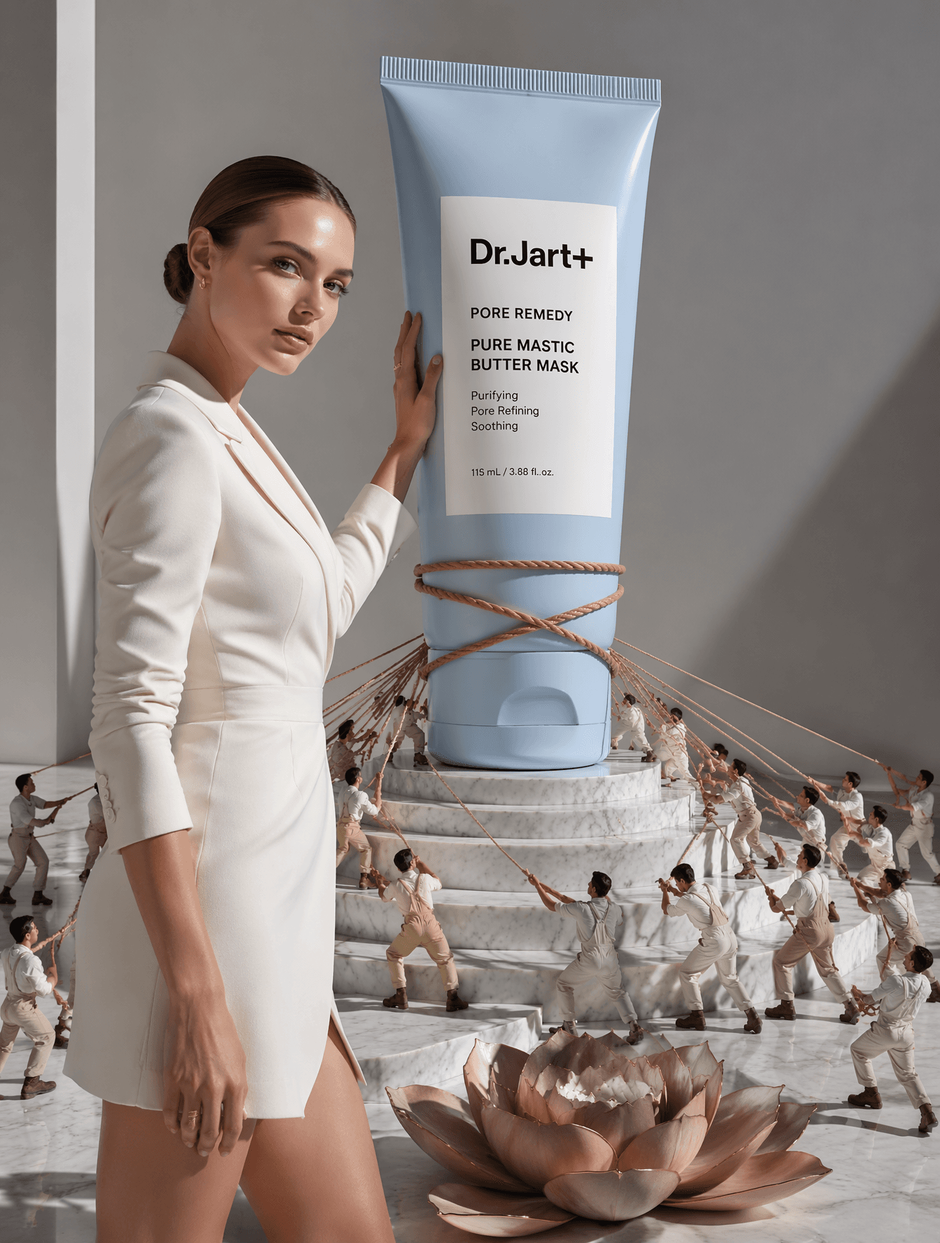 A surreal, minimalist luxury advertising scene in a clean mo