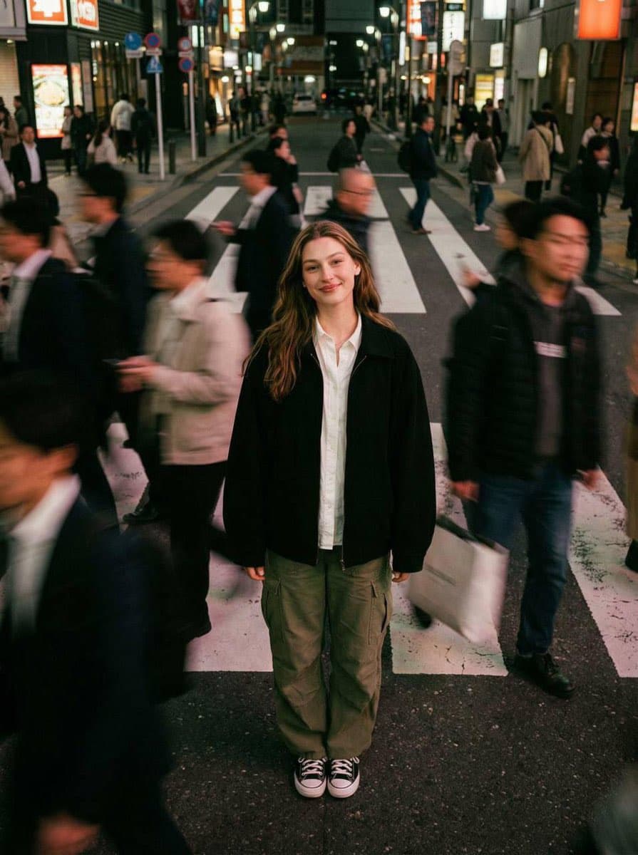 Ultra-realistic cinematic street portrait of a young person 
