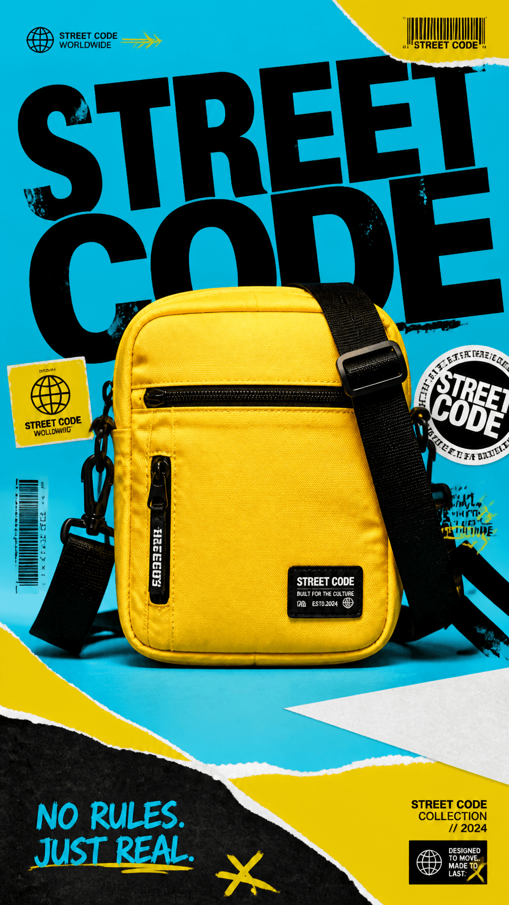 A premium 9:16 streetwear accessories advertising poster.Cen
