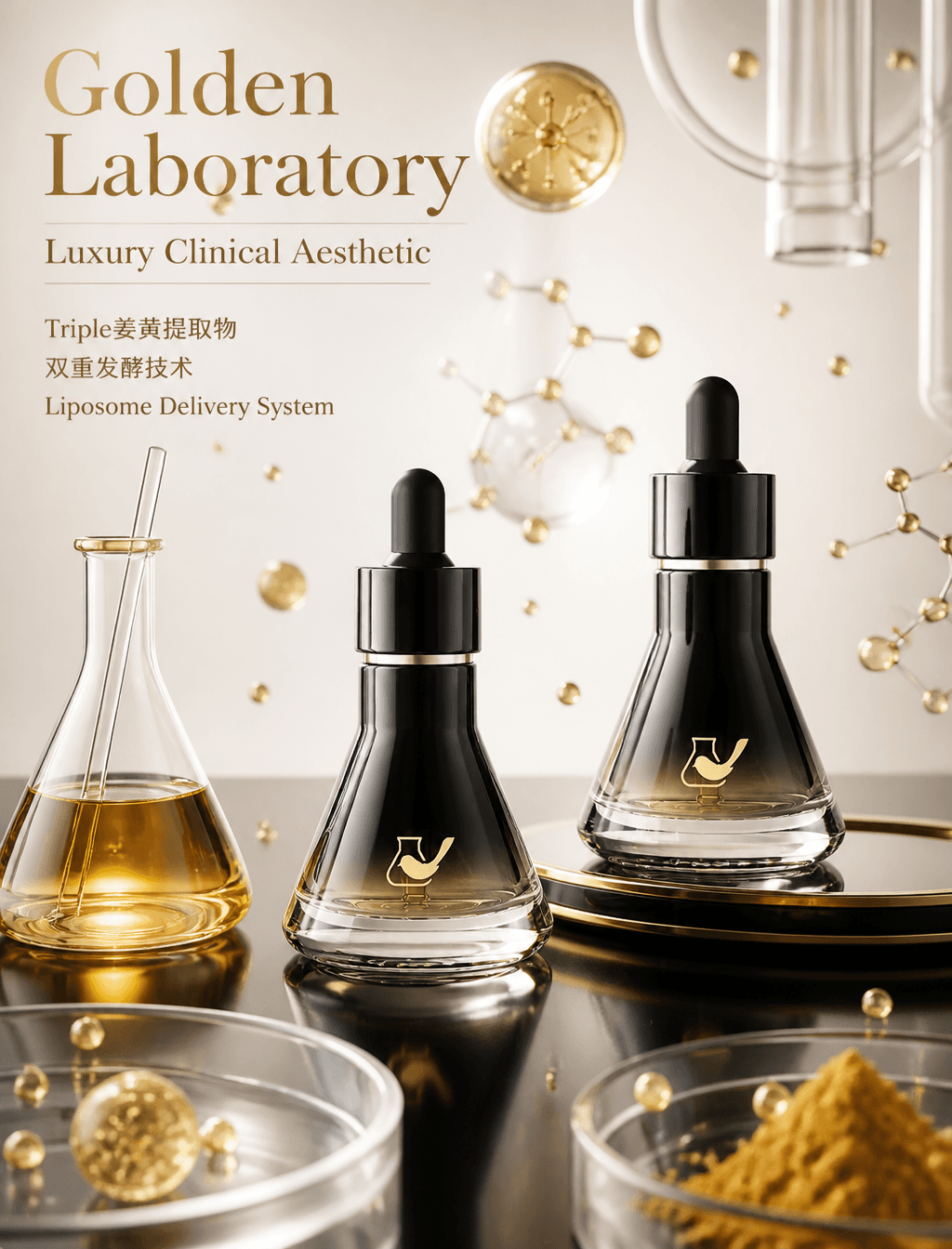 参考[图片2]侧面图和元素，深色反光台面上，左侧一个椭圆形内有黄色液体，中间黑色椭圆形波纹管[图片1]的阴影，右侧另一个