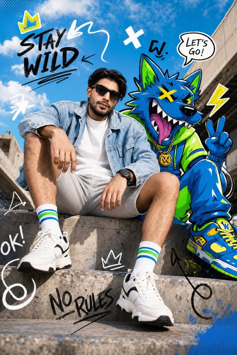 Full-body fashion editorial shot of a confident young person