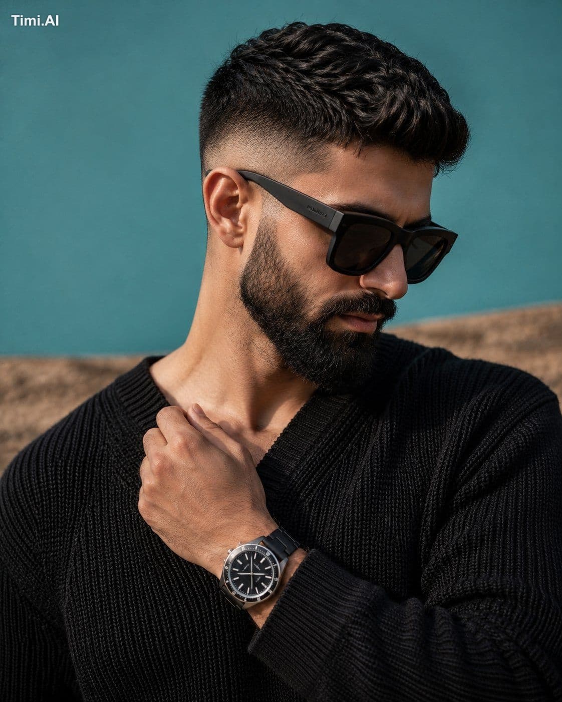 A premium editorial portrait featuring a stylish man with a 