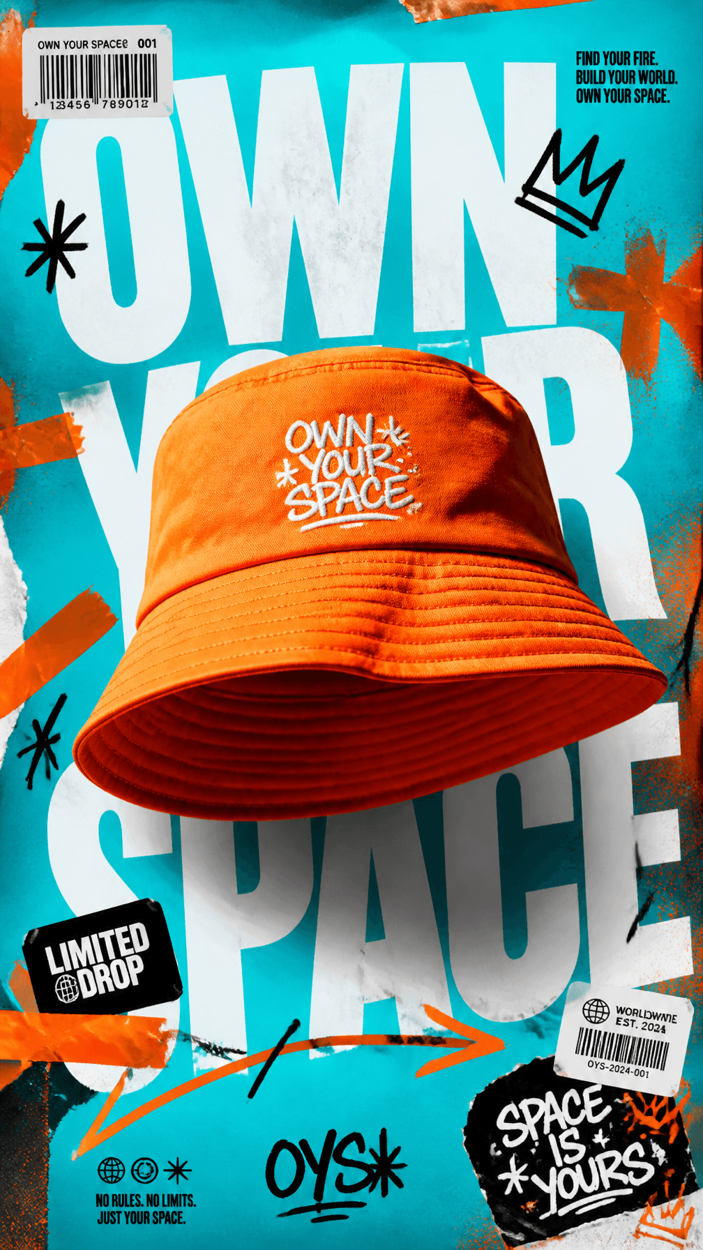 A premium 9:16 streetwear accessories advertising poster.Cen