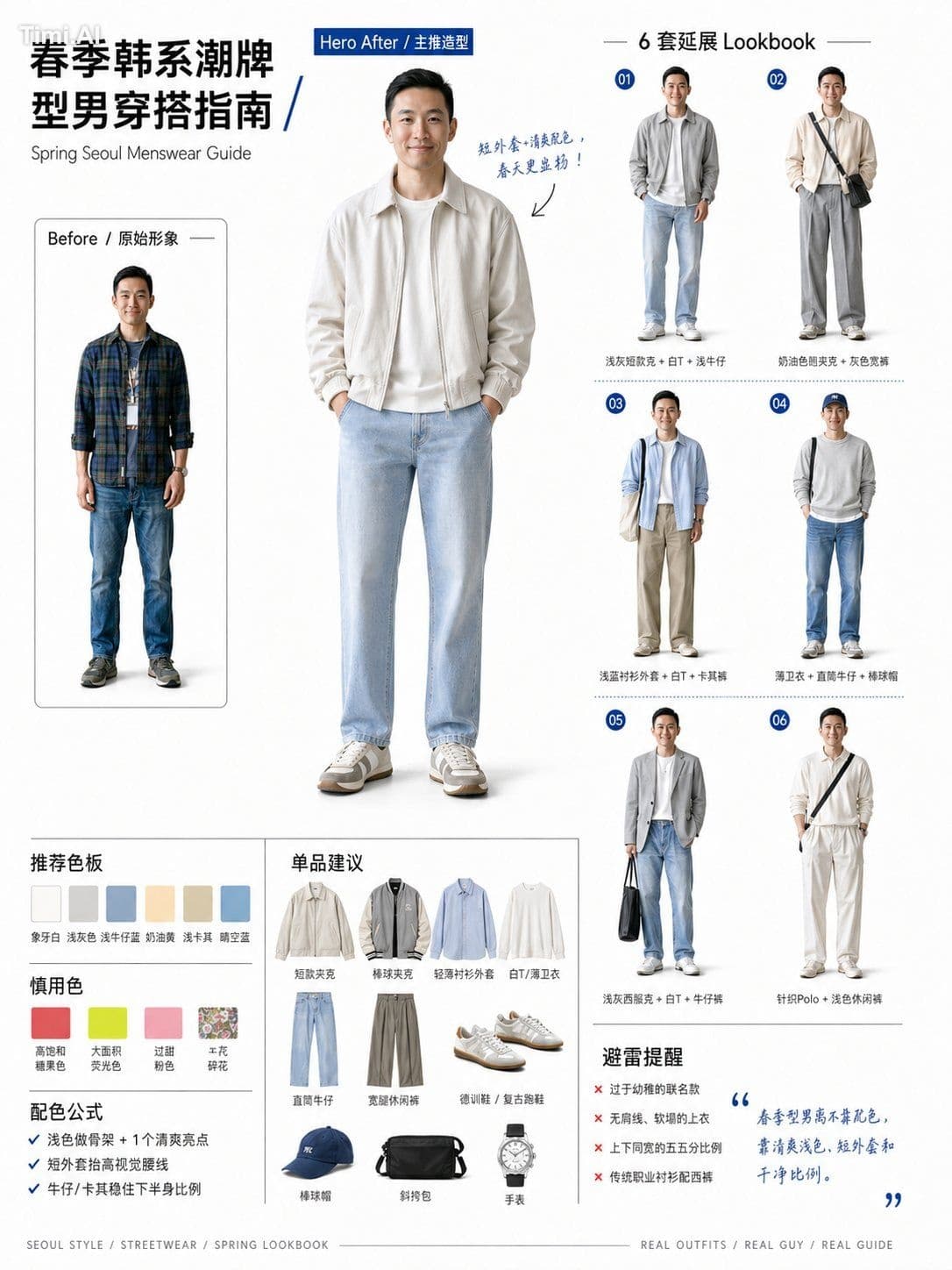 请基于用户上传的正面或全身男性人物照片，创作一套高完成度、适合小红书发布的「四季韩系潮牌型男穿搭指南 / Four Se