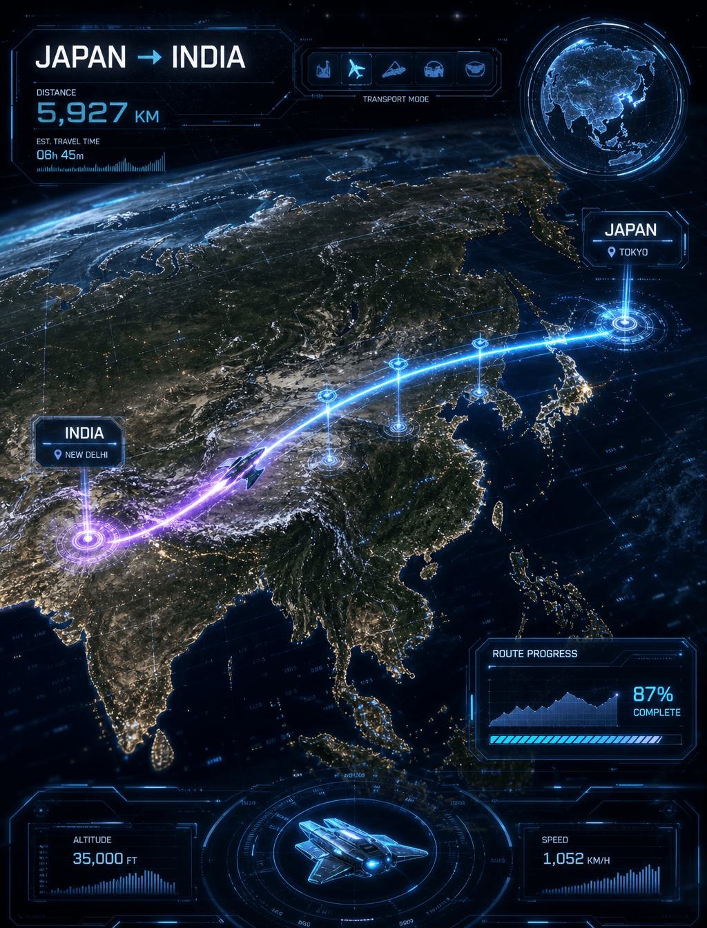 Prompt:Create a futuristic sci-fi travel route visualization