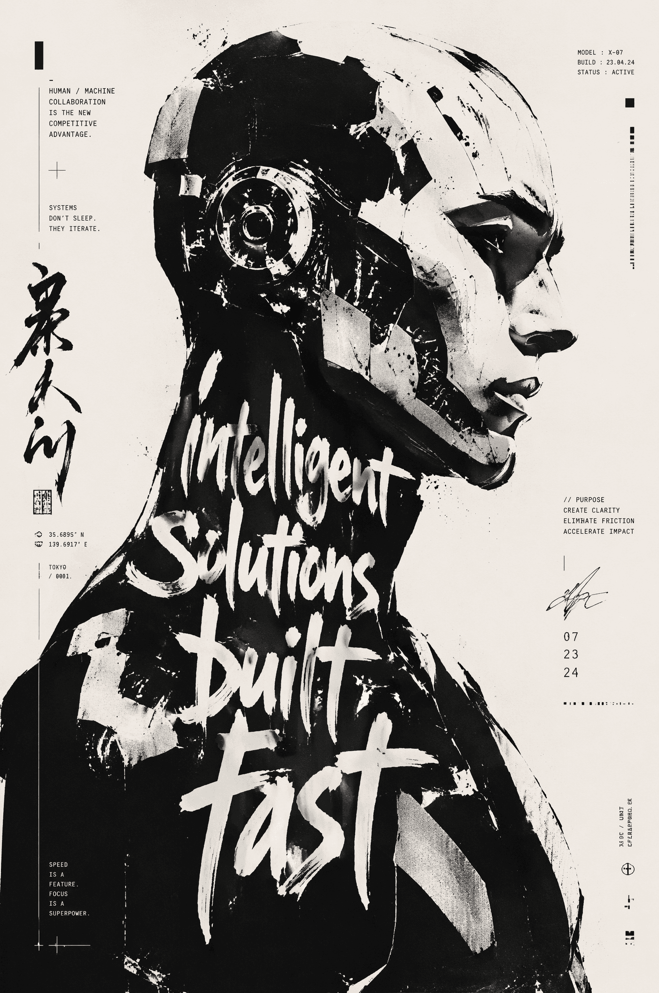 High-contrast black and white typographic portrait poster of