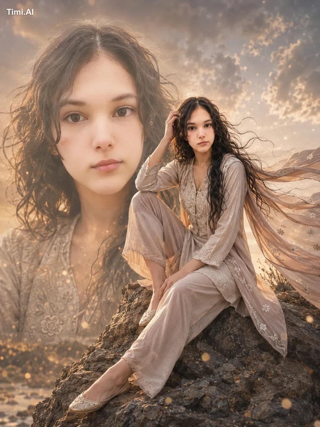 A cinematic, ethereal portrait of a young woman with long, d