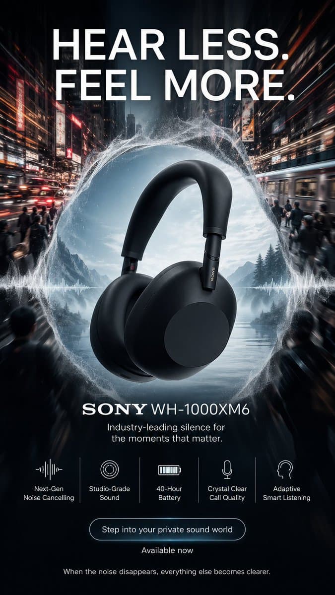Create a high-end 9:16 vertical advertising poster for "SONY