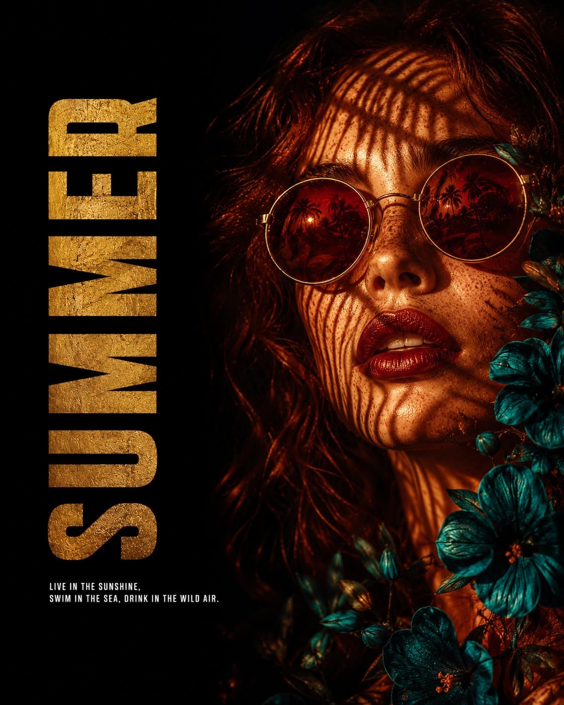 Wide summer editorial poster, young woman with auburn hair a