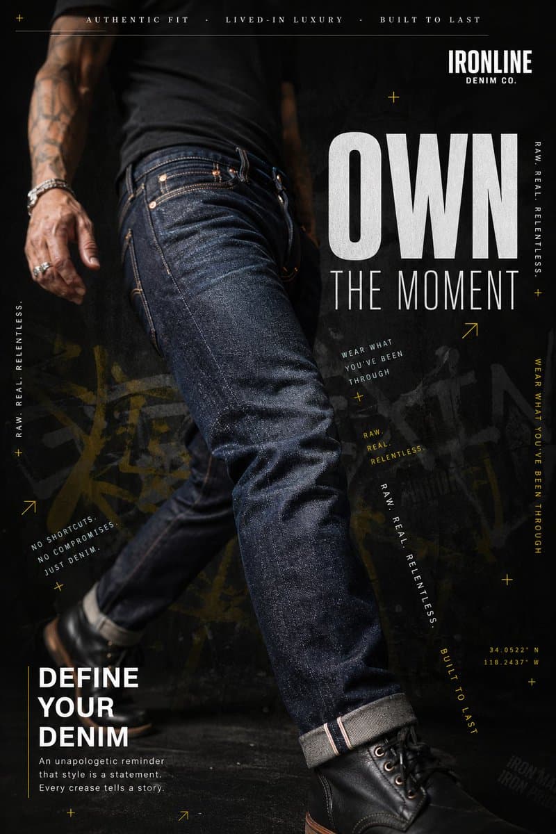 A hyperrealistic premium denim advertisement shot in a dark,