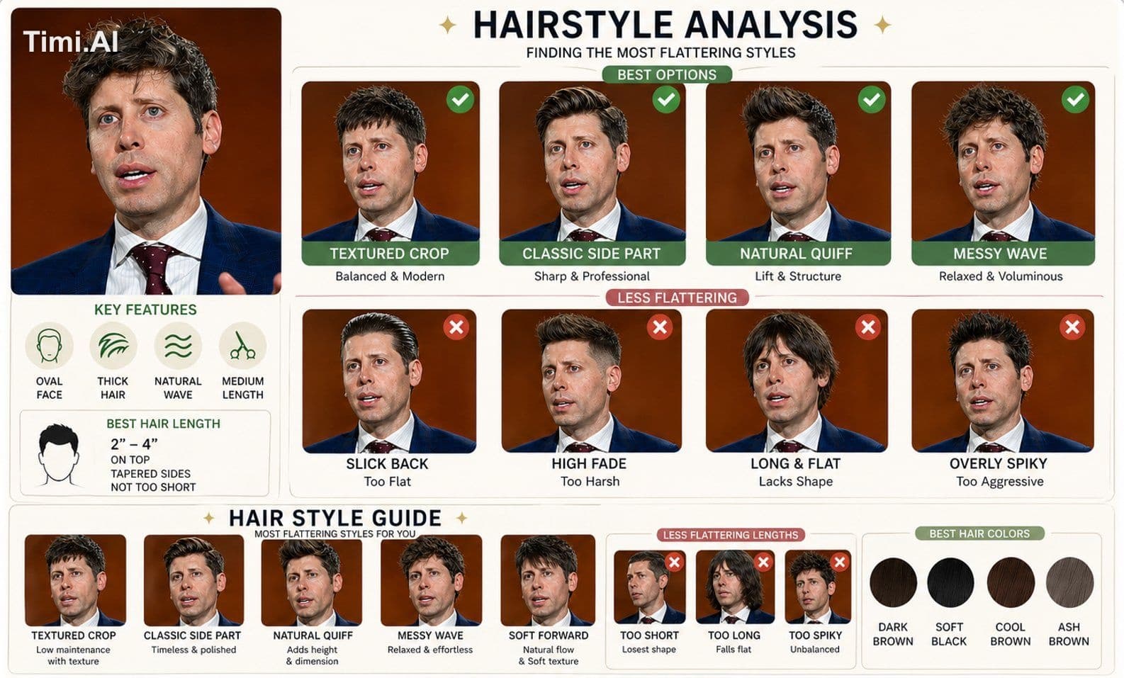 Create a hairstyle analysis graphic using this portrait. Sho