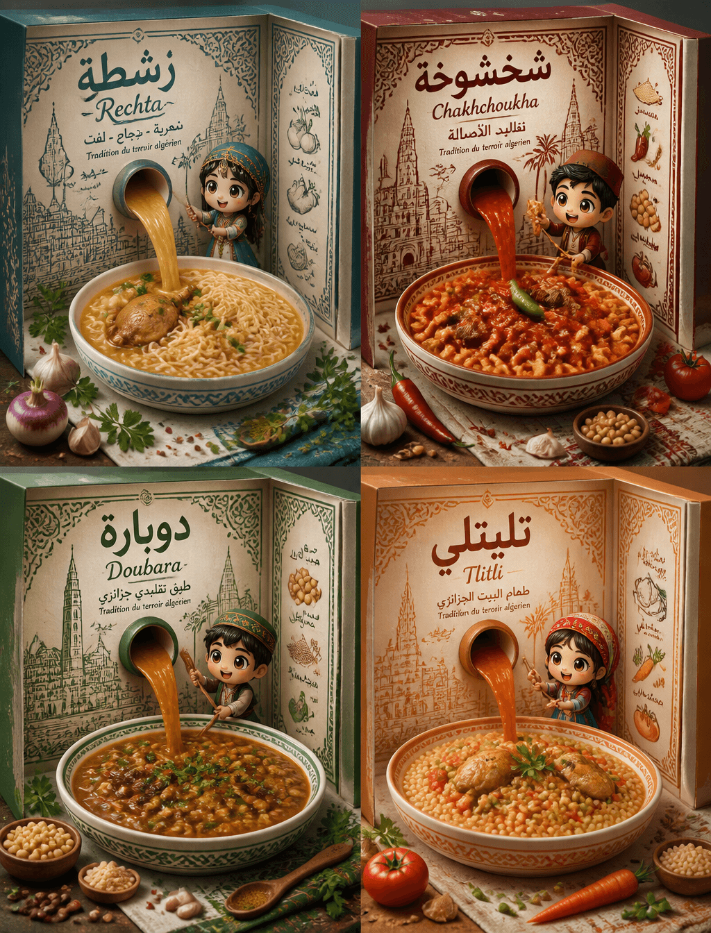 2x2 grid featuring four iconic Algerian dishes: Rechta, Chak