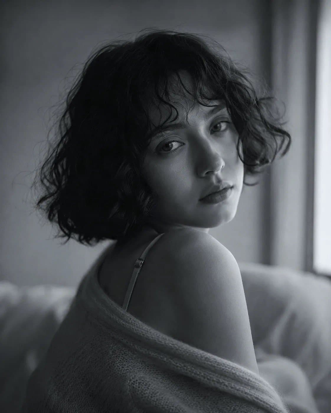 Ethereal fine-art black and white portrait of a young woman
