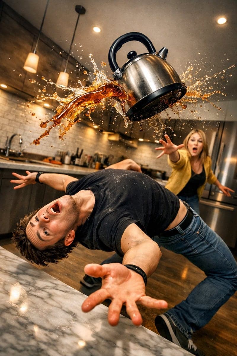 Surreal comedic scene inside a modern kitchen: a young man b