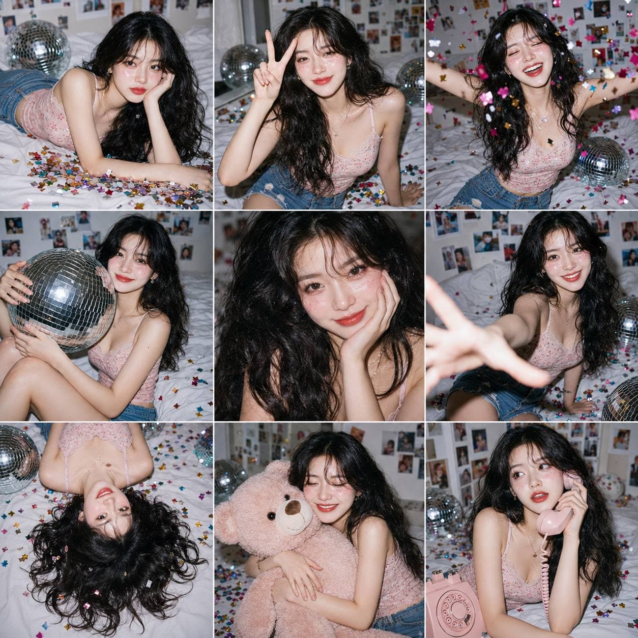 3×3 photo collage (9-panel grid), same cute young Asian woma