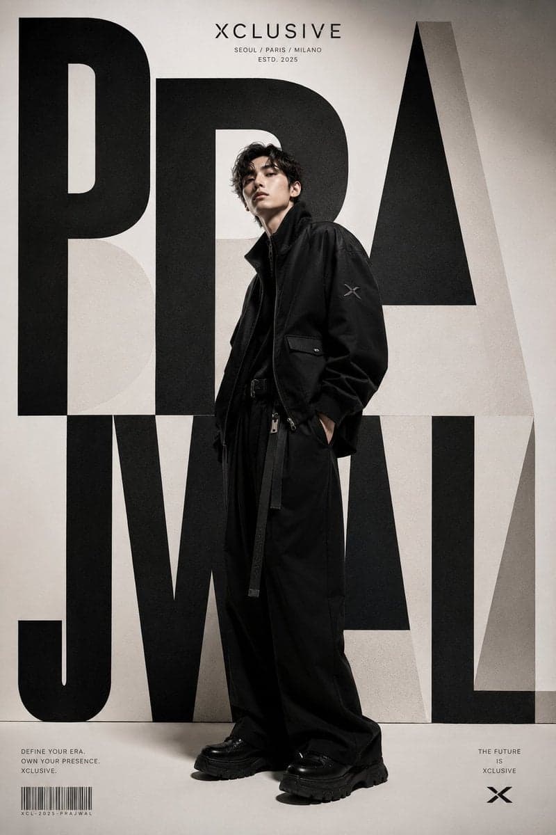 A world-class luxury fashion editorial poster for XCLUSIVE,