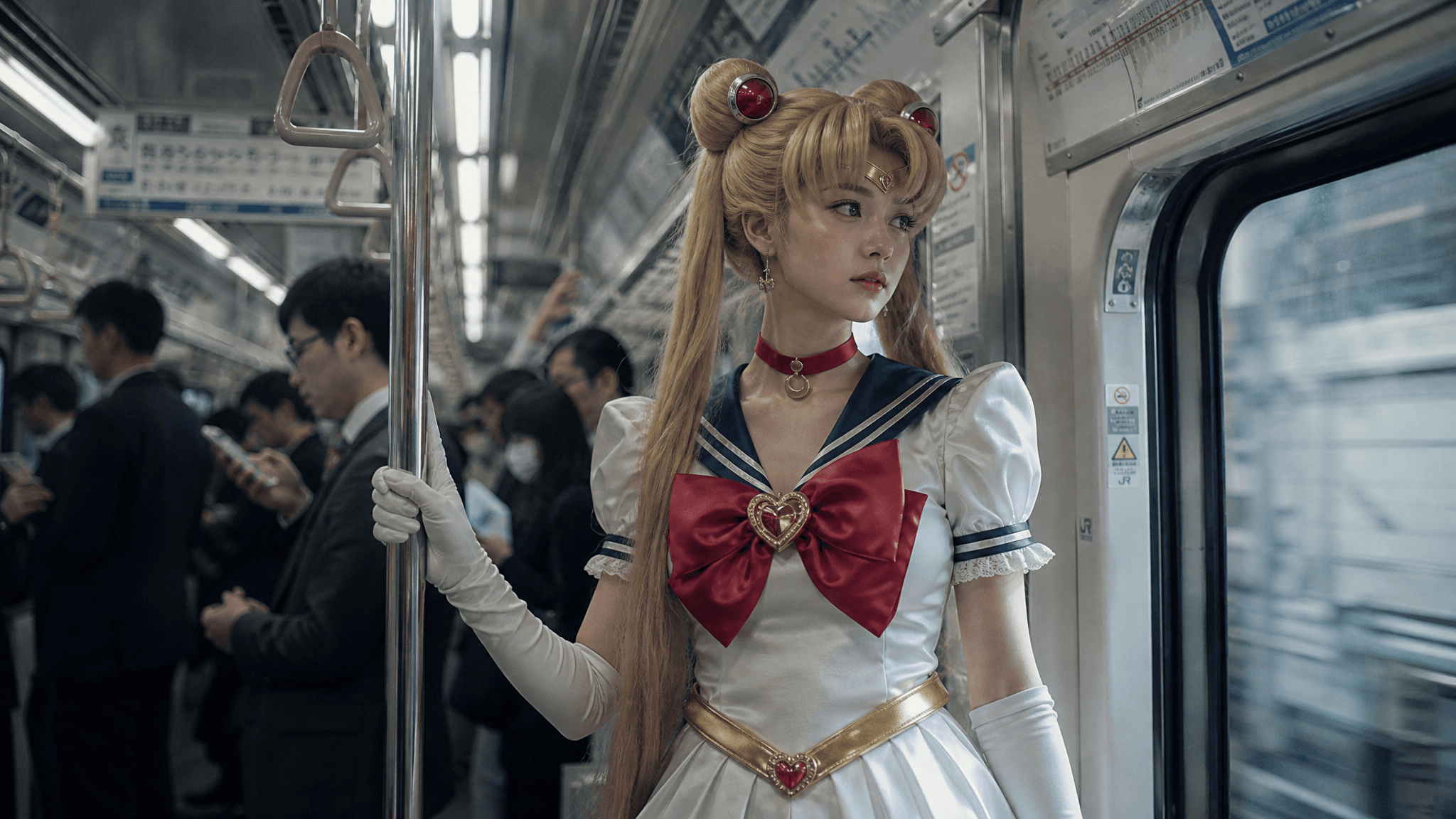主体内容:一位年轻女性,身着经典水手服风格的动漫角色服装,整体造型参考自《美少女战士》中的月野兔(Sailor Moon