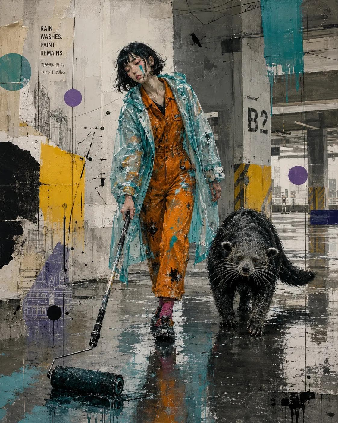 Create a raw neo-urban surrealist portrait in a rain-soaked 