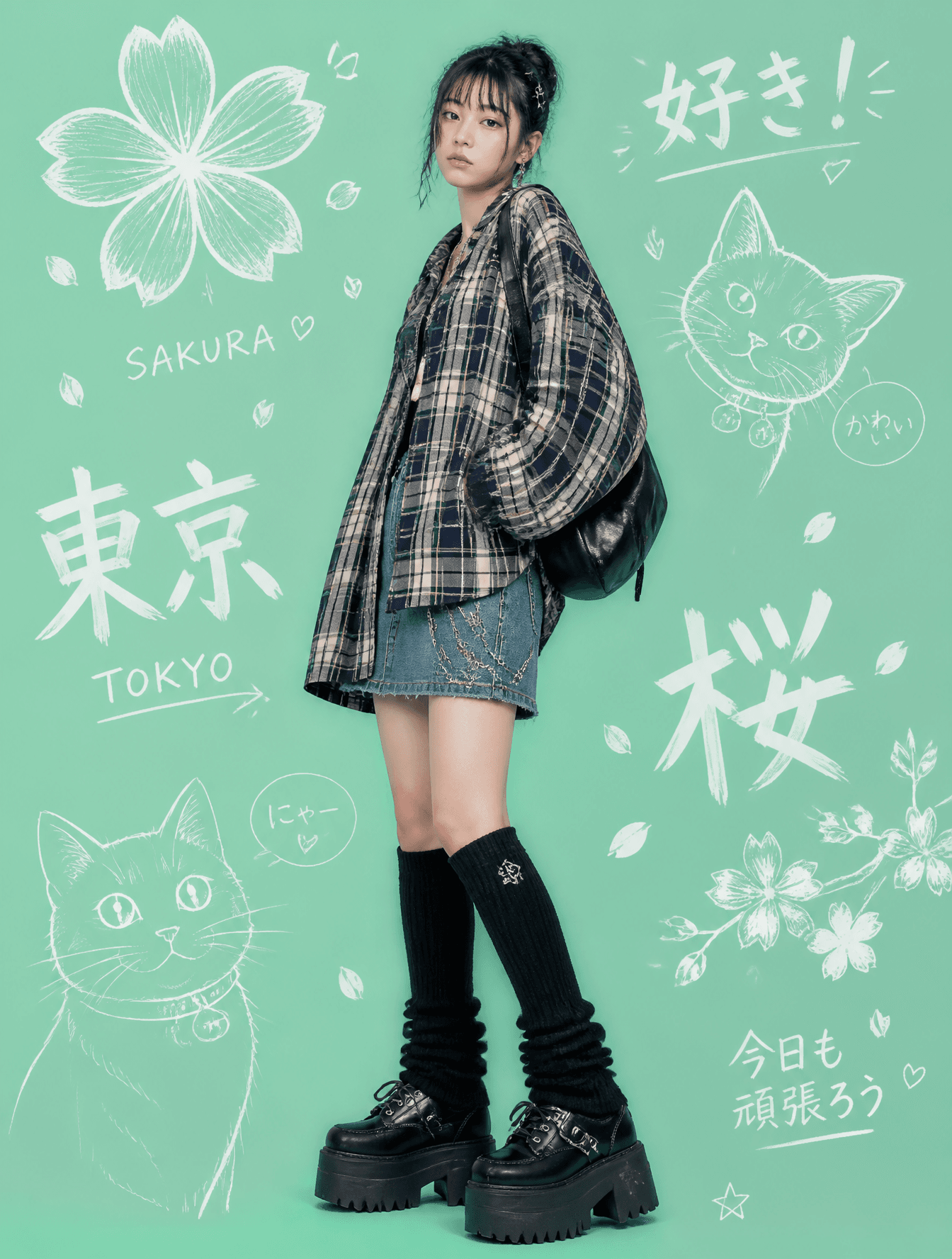 Japanese StreetwearA young Japanese woman in a plaid oversiz