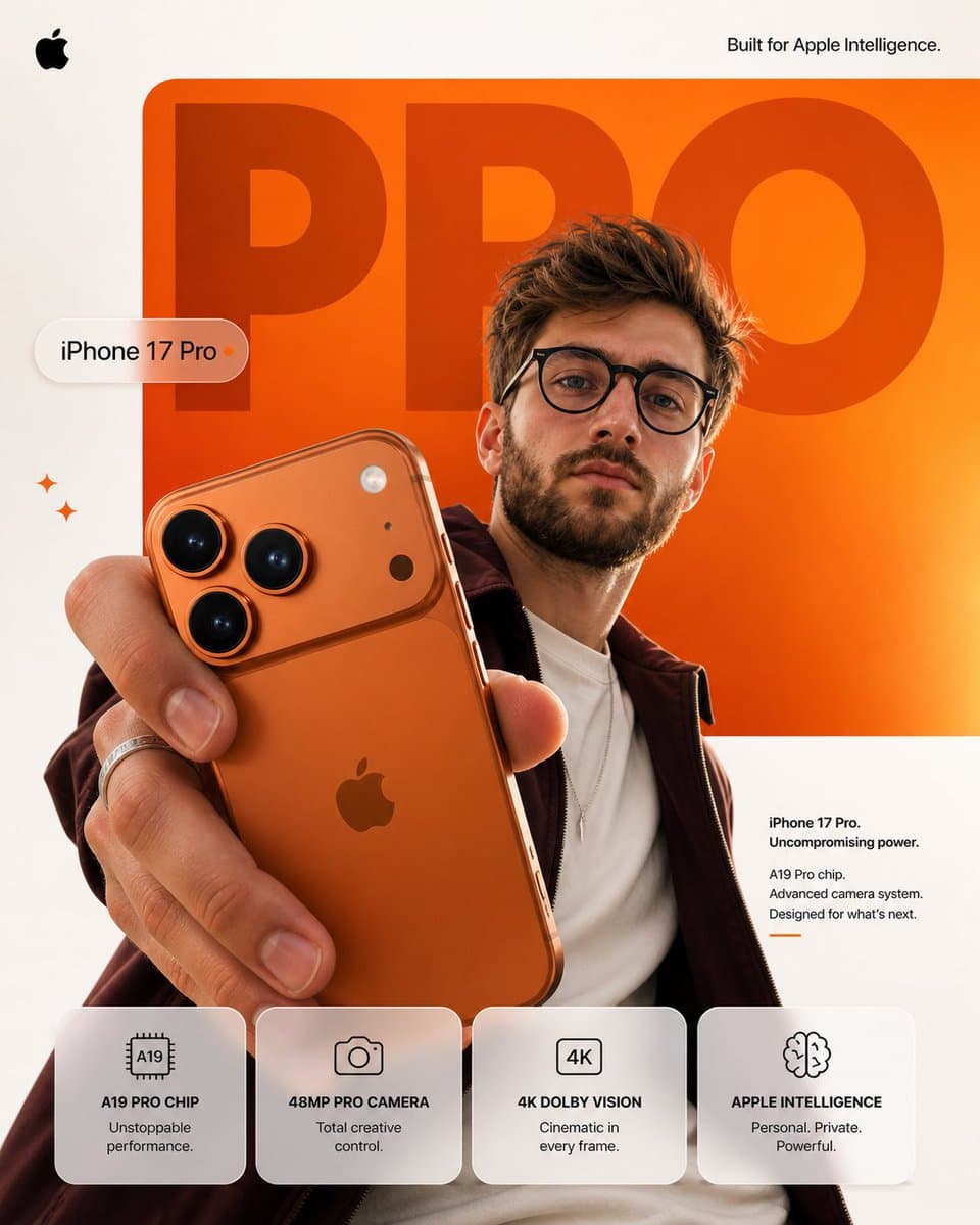 Create a premium Apple-style smartphone advertisement poster