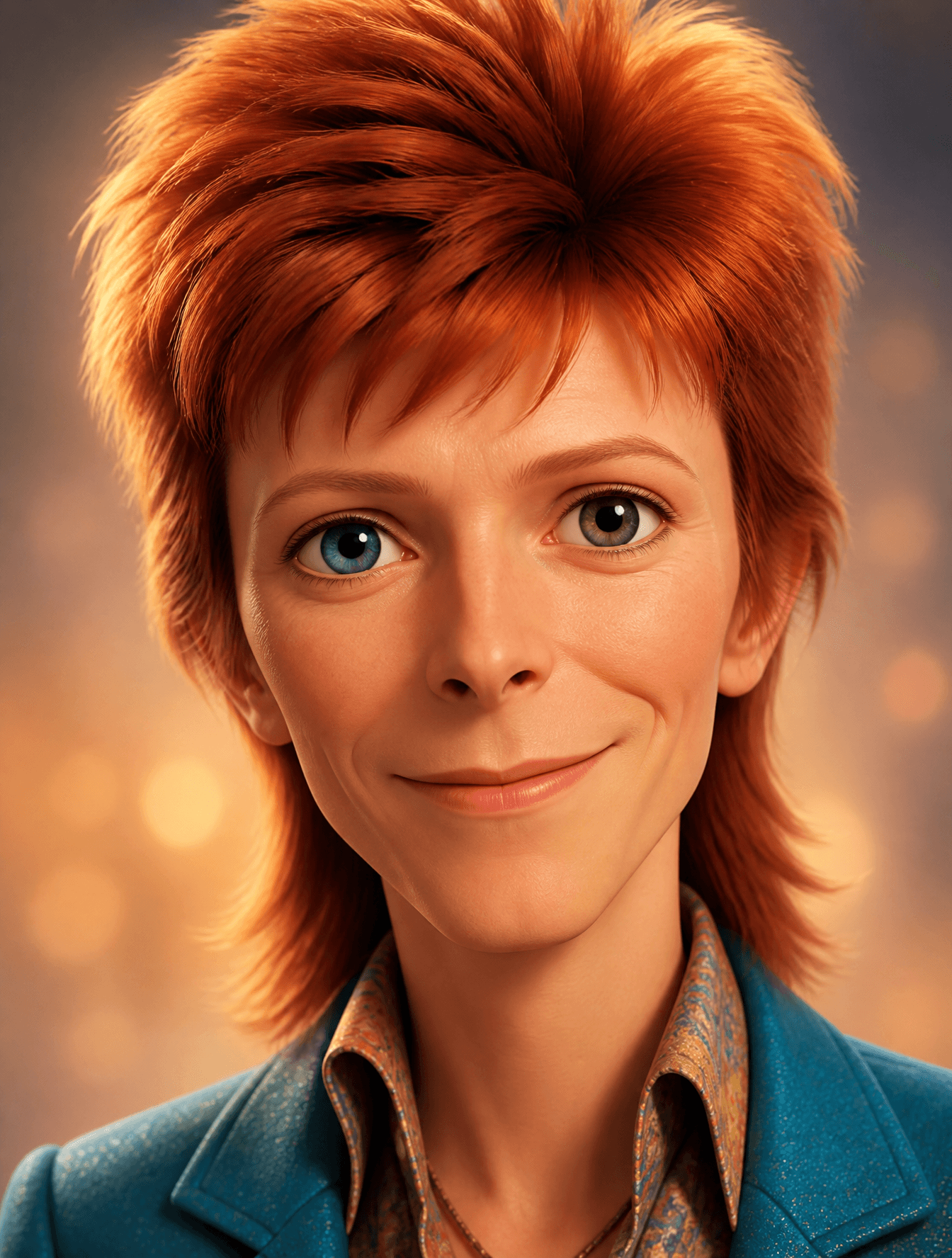 A Pixar-style frontal portrait of [david bowie], showing the