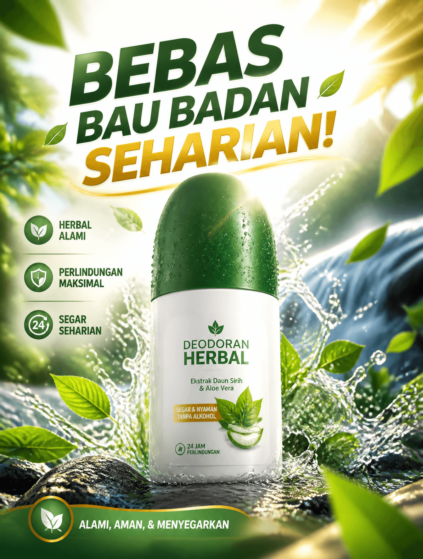 Buat poster promosi Deodoran Herbal yang sangat menarik perh