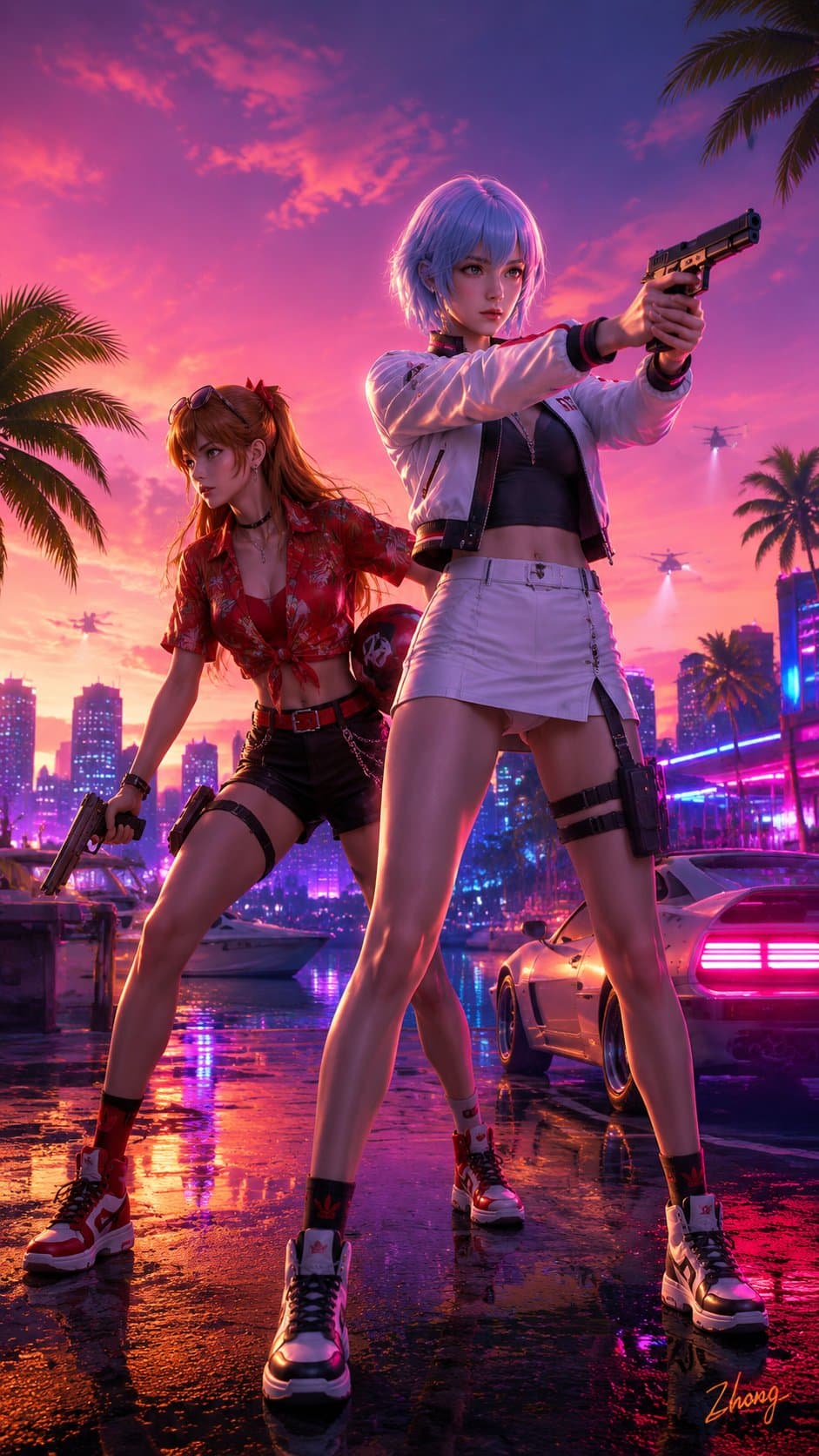 two anime girls, asuka and rei, in gta 6 style, neon city at