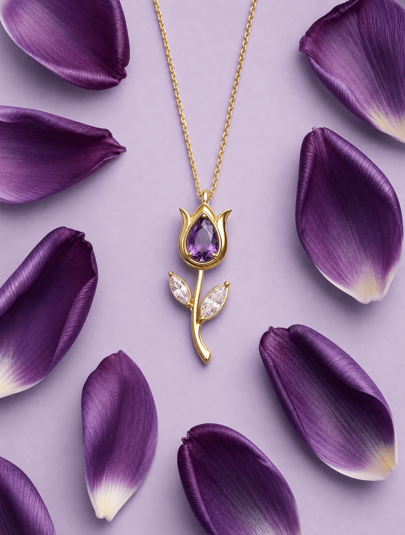 Subject and Composition
A delicate gold tulip-shaped pendant