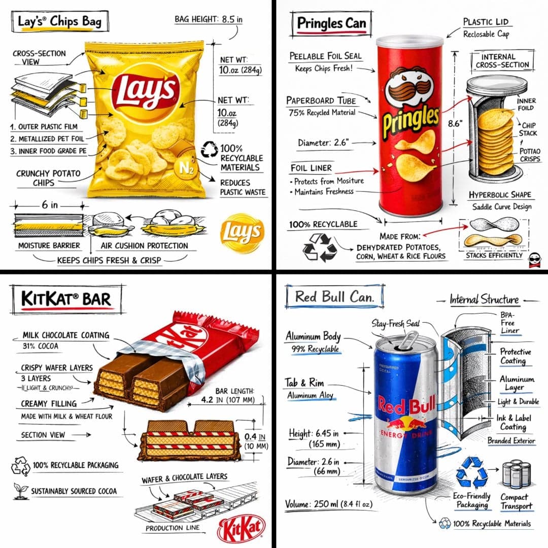 Create a branded technical infographic of a [SNACK], combini