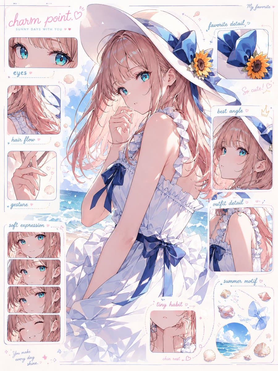入力されたキャラクター画像をもとに、 そのキャラクターの「魅力解剖図」を1枚のビジュアルとして作成してください。 これは