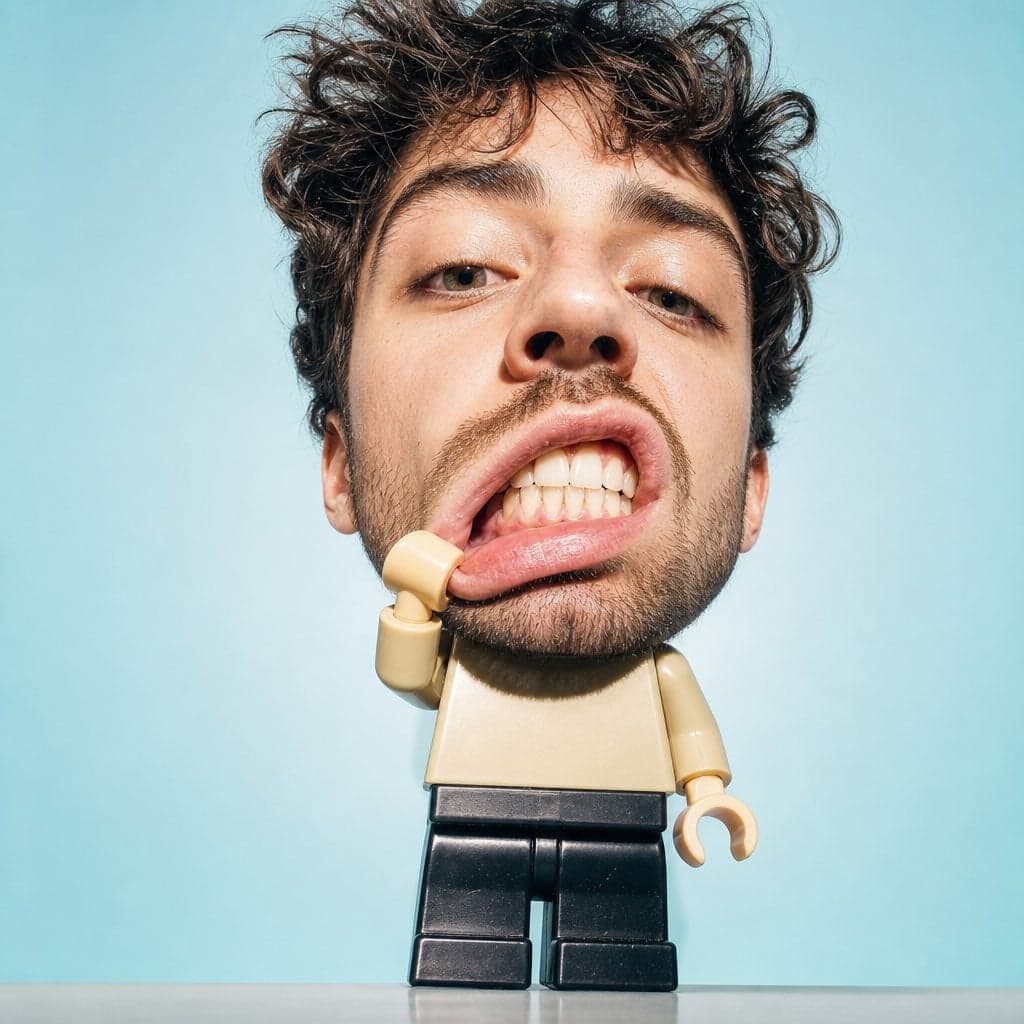 Create a surreal studio portrait of a man from an attached p
