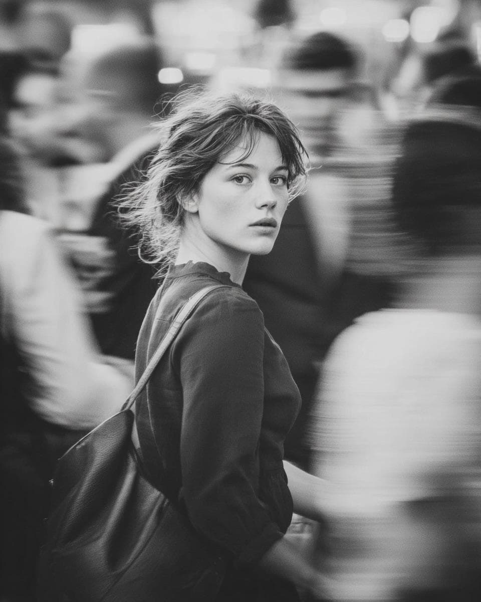 A cinematic street portrait of a young woman walking through