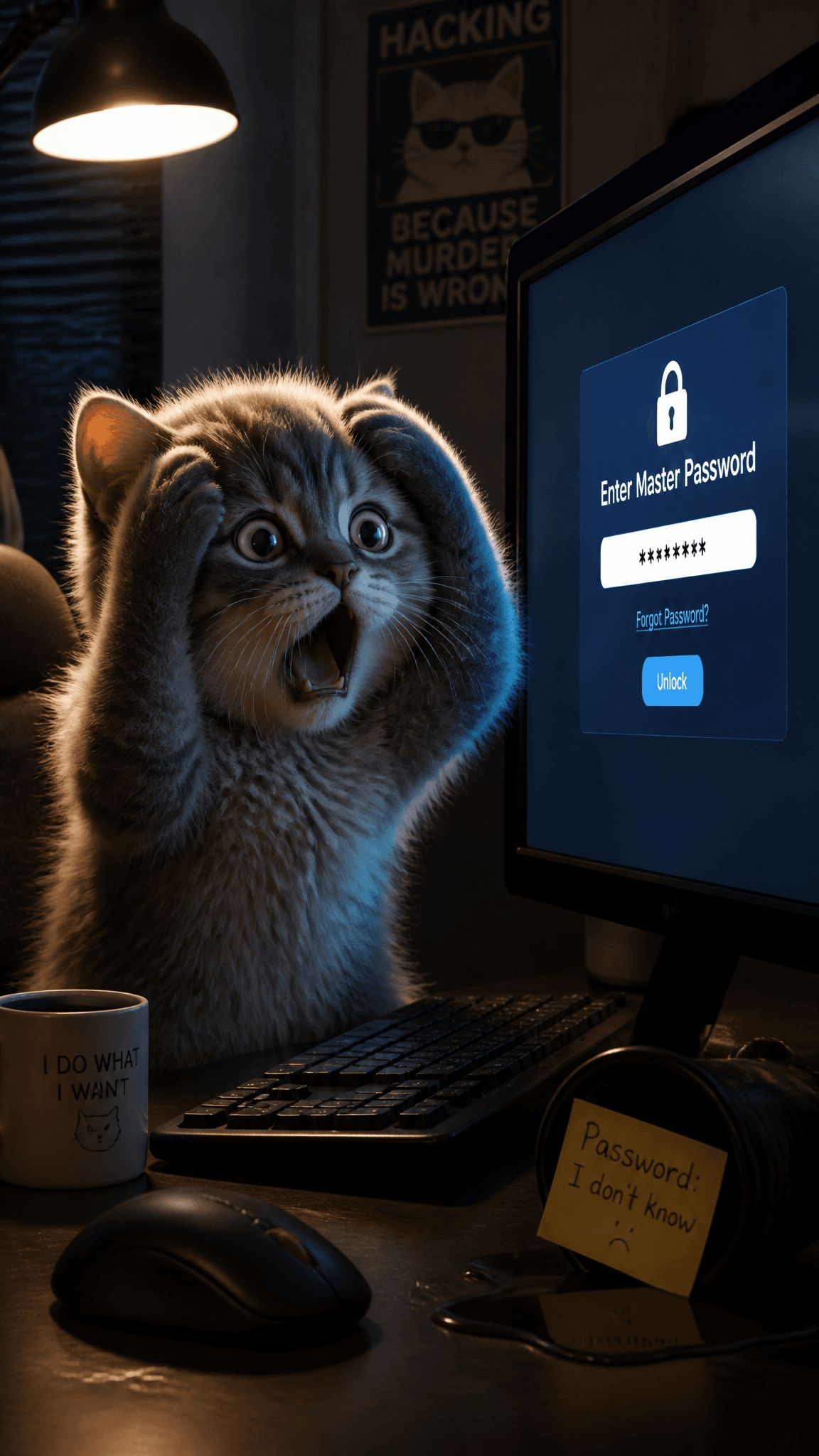 Kitten frozen in horror staring at screen asking for master 
