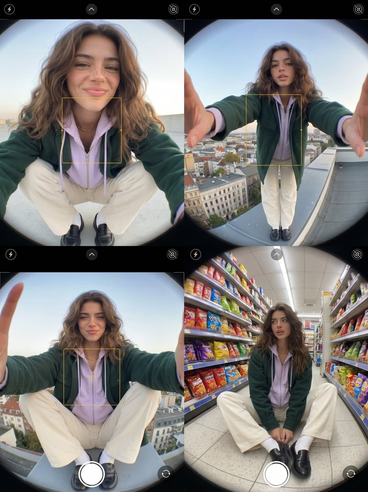 Fashion diary composed of three exaggerated fisheye smartpho