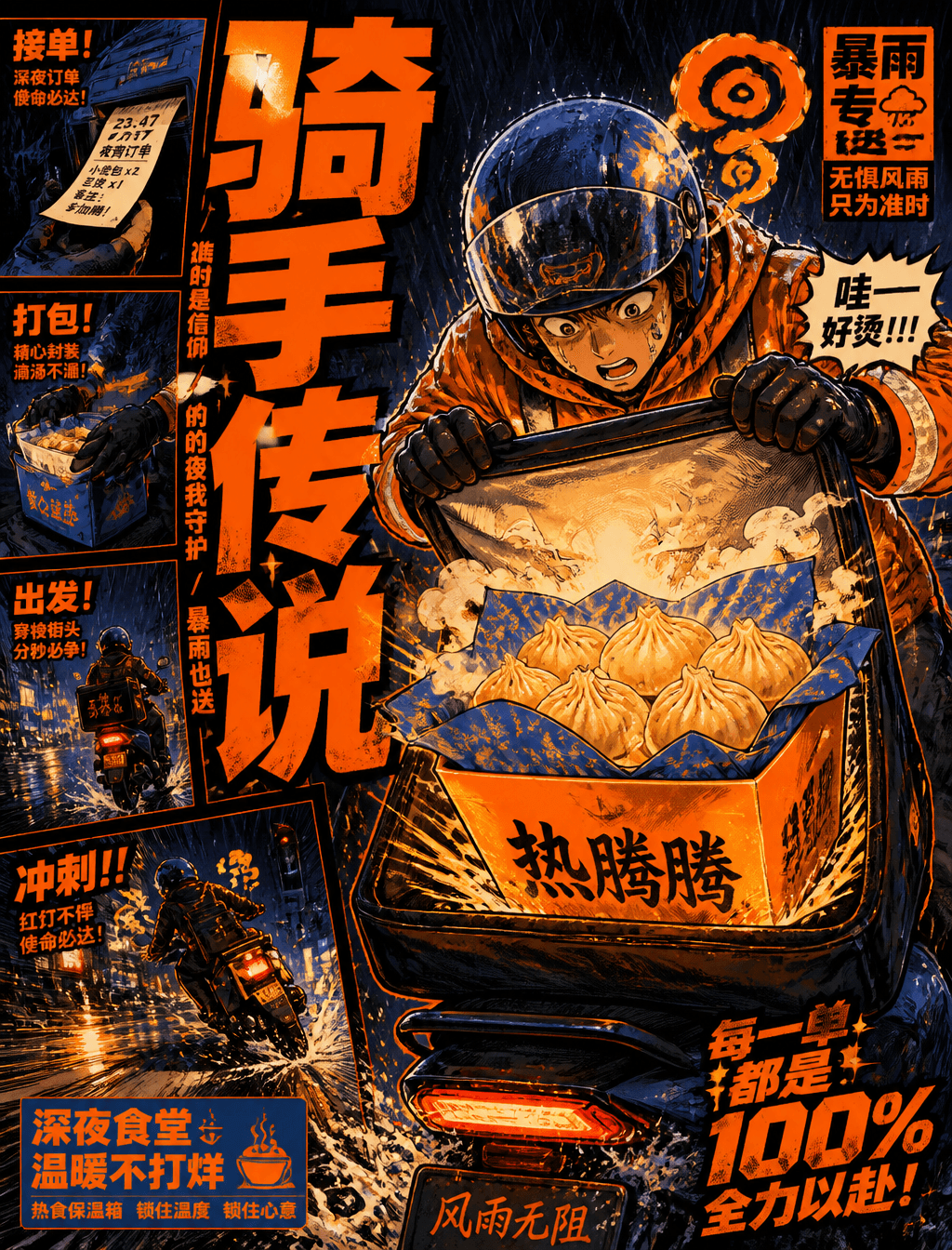 Use the "Lava Orange Deep Blue Manga Delivery Zine Ad Style"
