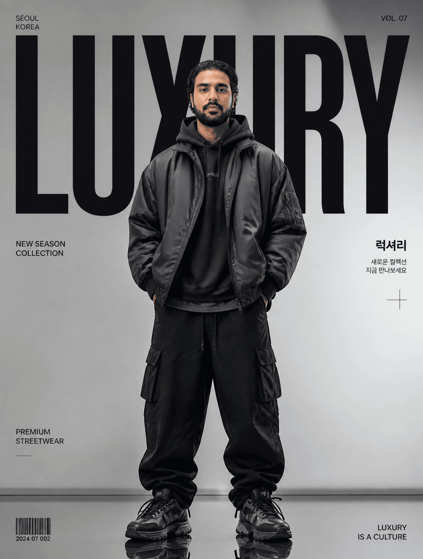 Create a premium high-fashion editorial poster for "LUXURY "