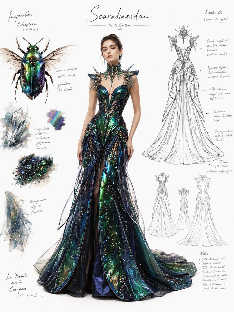 时尚设计稿 / 高定礼服设计页，主题灵感来自 [灵感主题]。画面为专业服装设计展示板构图：中央是一位全身站立的真人女模特
